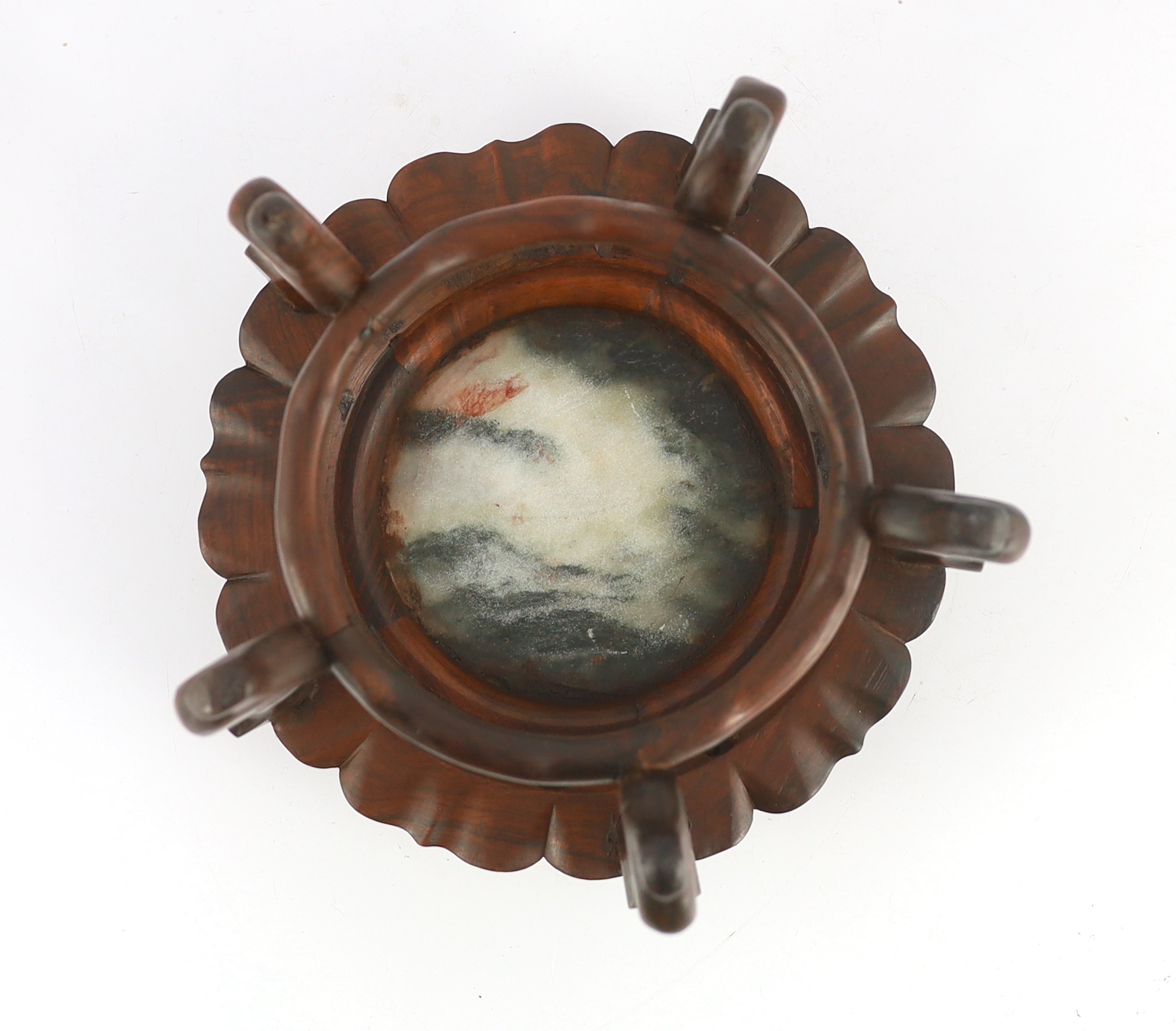 A Chinese huali and marble inset stand, 19th century, the white and grey marble inset top above a lotus petalled frieze, on five scrolled legs joined by a stretcher, 21cm wide